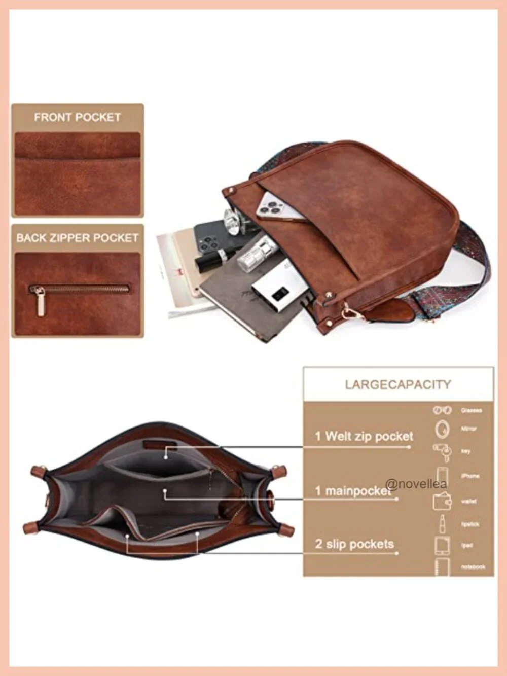 Trendy Vegan Leather Hobo Crossbody Bag with 2 Adjustable Straps